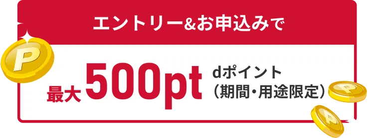 エントリーお申込みで 最大500pt dポイント（期間・用途限定）