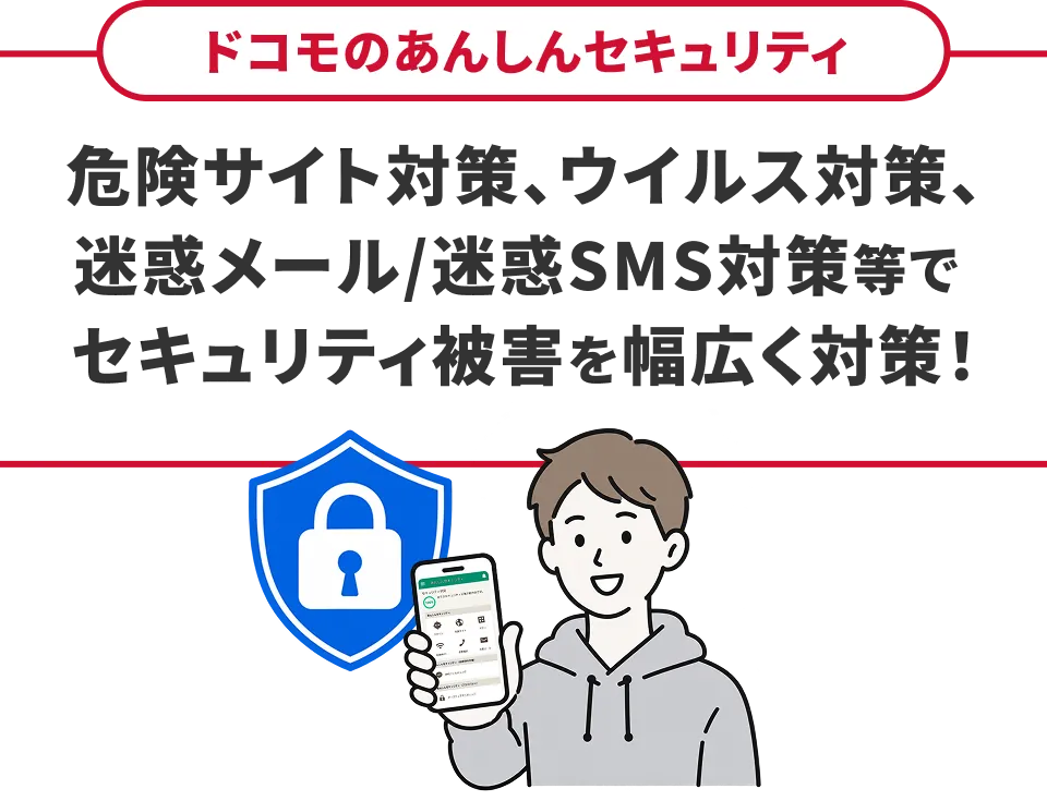 ドコモの「あんしんセキュリティ」危険サイト対策、ウイルス対策、迷惑メール/迷惑SMS対策等でセキュリティ被害を幅広く対策！