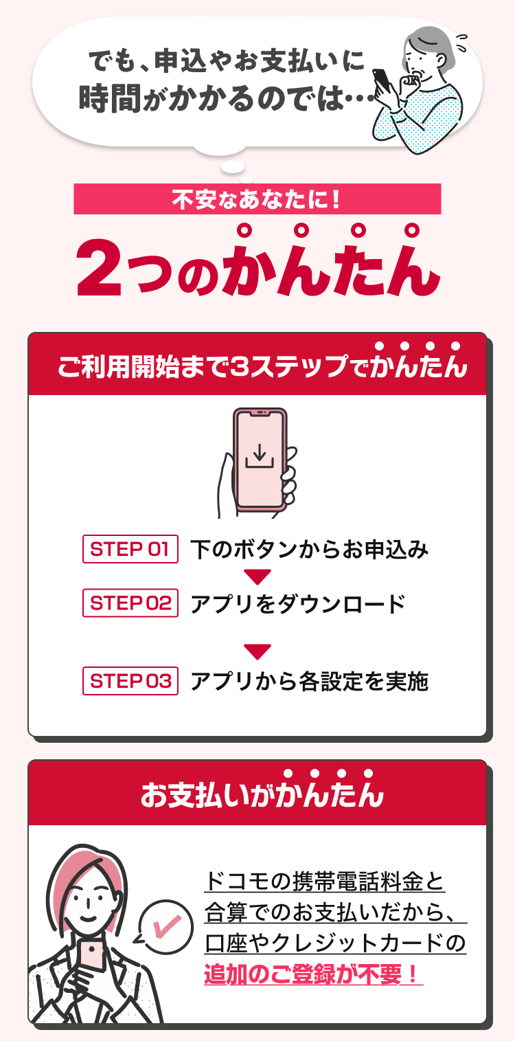 でも申込やお支払いに時間がかかるのでは 不安なあなたに！２つのかんたん ご利用開始までに３ステップ step1 下のボタンからお申し込み ２アプリをダウンロード ３アプリから各設定を実施 お支払いがかんたん ドコモ携帯電話料金と合算でのお支払いだから、口座やクレジットカードの追加ご登録が不要！