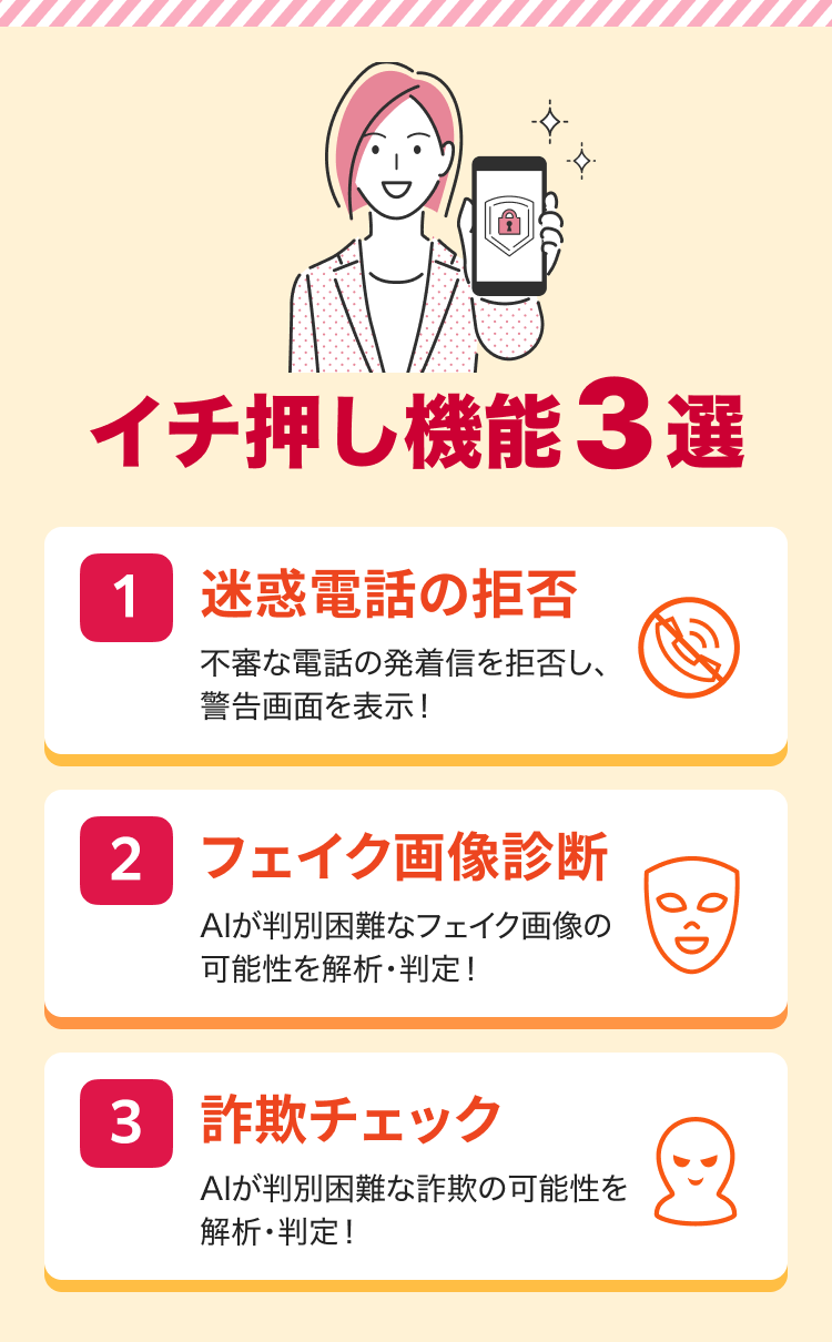 イチオシ機能3選 1迷惑電話の拒否 2フェイク画像診断 3詐欺チェック